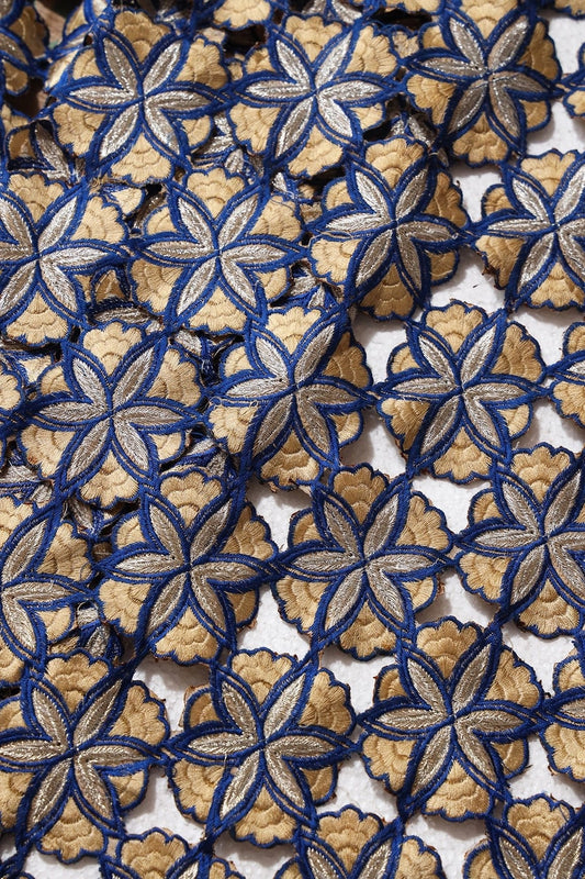 AIzaSyBcstauz-XMPRhEY21AUzeo032pxrXB5Ug - Cream And Blue Thread Floral Embroidery Royal Blue Cut Work Fabric