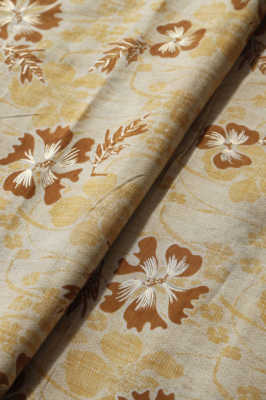AIzaSyBcstauz-XMPRhEY21AUzeo032pxrXB5Ug - Cream And Light Brown Floral Foil Print On Viscose Chanderi Silk Fabric
