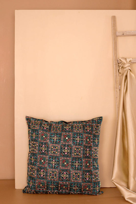 AIzaSyBcstauz-XMPRhEY21AUzeo032pxrXB5Ug - Cultural Multi-colour Embroidery on Black cotton Cushion Cover (16*16 inches)