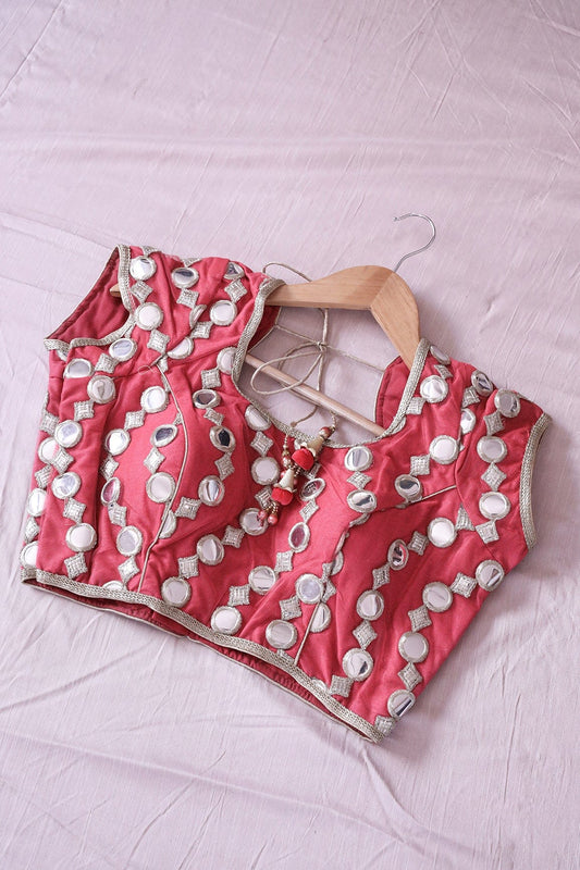 AIzaSyBcstauz-XMPRhEY21AUzeo032pxrXB5Ug - Dark Peach Foux Mirror With Gold Zari Embroidery Net Stitched Blouse