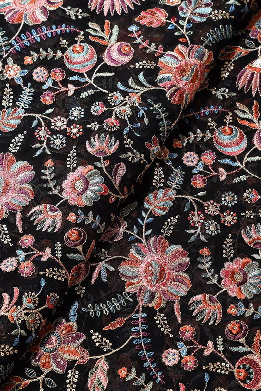 AIzaSyBcstauz-XMPRhEY21AUzeo032pxrXB5Ug - Elegant Floral Heavy Embroidery With Gold Sequins On Black Georgette Fabric