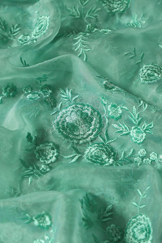 AIzaSyBcstauz-XMPRhEY21AUzeo032pxrXB5Ug - Elegant Floral Thread With Water Sequins Embroidery On Teal Organza Fabric