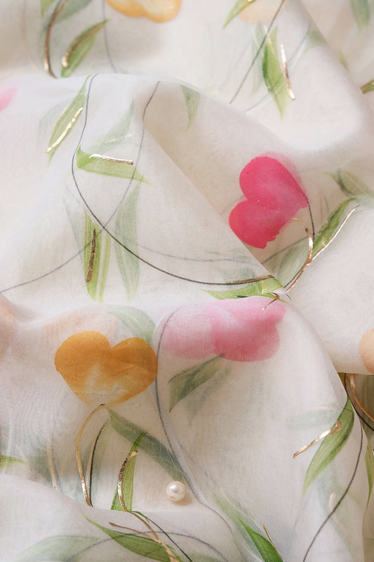 AIzaSyBcstauz-XMPRhEY21AUzeo032pxrXB5Ug - Beautiful Floral Hand Painted With Foil Work On Off White Organza Fabric