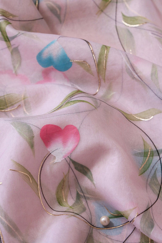 AIzaSyBcstauz-XMPRhEY21AUzeo032pxrXB5Ug - Beautiful Floral Hand Painted With Foil Work On Pink Organza Fabric