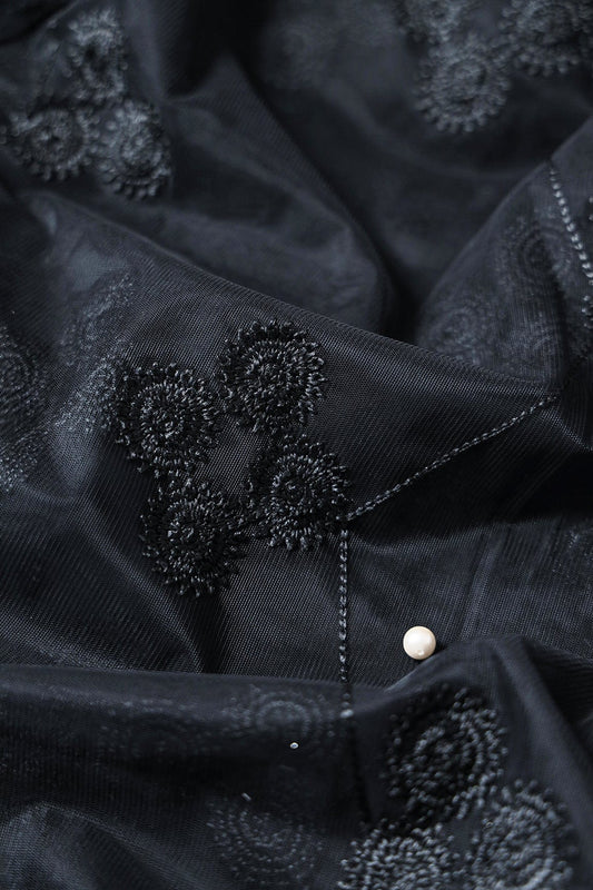 AIzaSyBcstauz-XMPRhEY21AUzeo032pxrXB5Ug - Black Color Thread Geometric Embroidery Work On Black Soft Net Fabric