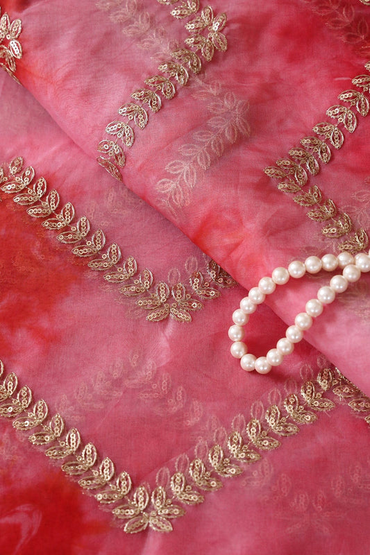 AIzaSyBcstauz-XMPRhEY21AUzeo032pxrXB5Ug - Gold Zari With Gold Sequins Chevron Embroidery Work On Tie & Dye Red Organza Fabric