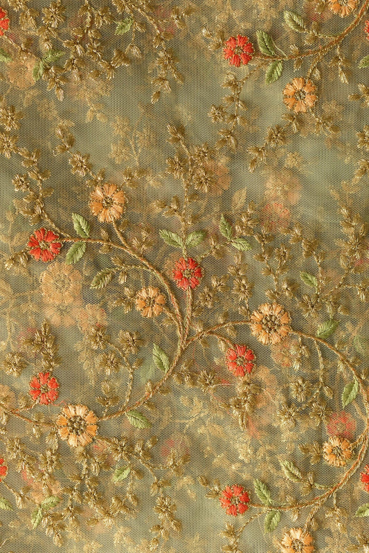 AIzaSyBcstauz-XMPRhEY21AUzeo032pxrXB5Ug - Gorgeous Multi Floral Thread work Embroidery On Olive Soft Net Fabric