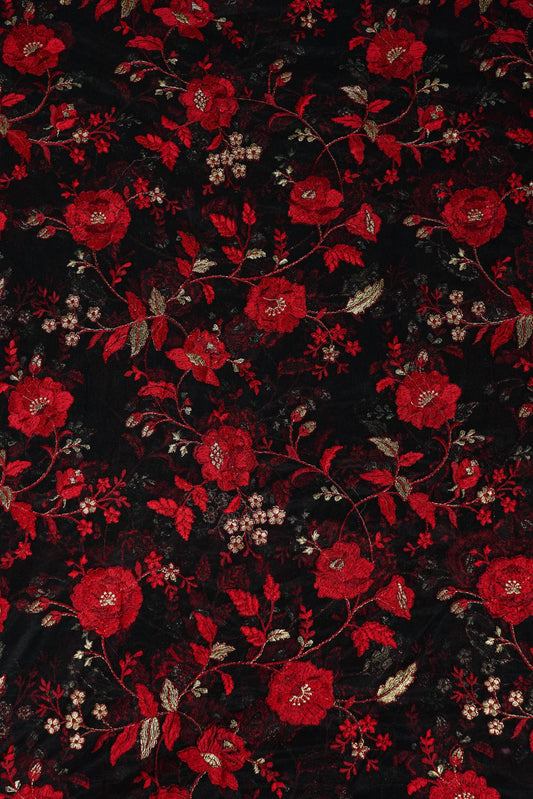 AIzaSyBcstauz-XMPRhEY21AUzeo032pxrXB5Ug - Heavy Floral Red Thread Work Embroidery On Black Soft Net Fabric