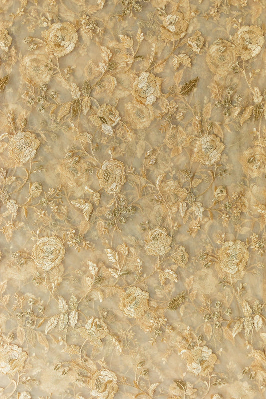 AIzaSyBcstauz-XMPRhEY21AUzeo032pxrXB5Ug - Heavy Floral Thread Work Embroidery On Beige Soft Net Fabric