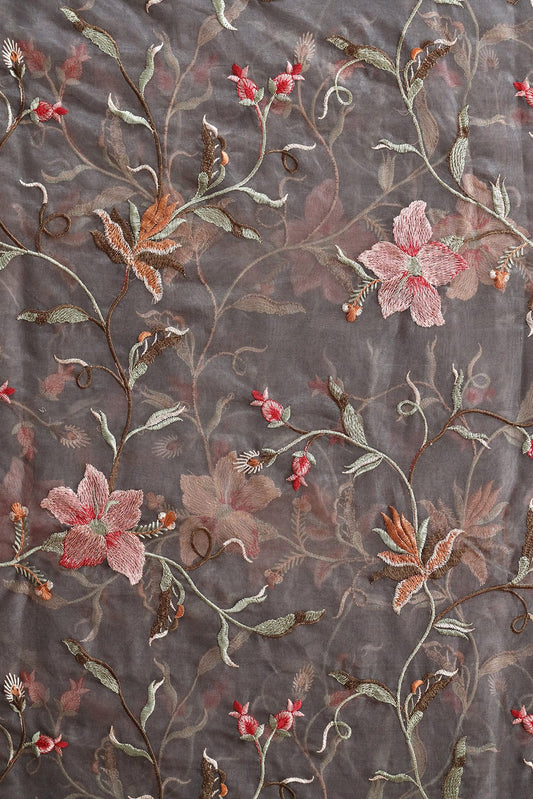 Multi Thread Floral Embroidery Work On Grey Organza Fabric