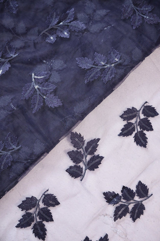 Navy Blue Thread With Sequins Leafy Embroidery Work On Navy Blue Soft Net Fabric