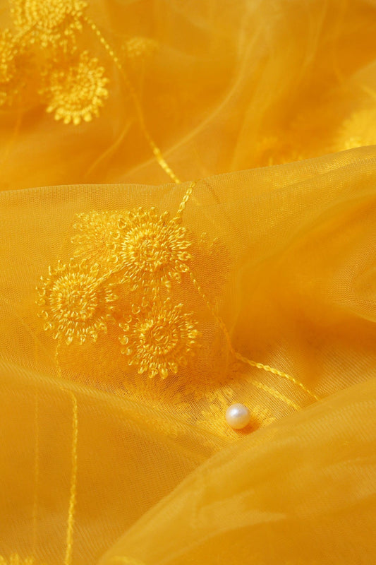 Yellow Color Thread Geometric Embroidery Work On Yellow Soft Net Fabric
