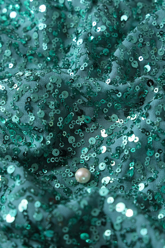 AIzaSyBcstauz-XMPRhEY21AUzeo032pxrXB5Ug - Exclusive All Over Sequins Embroidery On Teal Viscose Georgette Fabric
