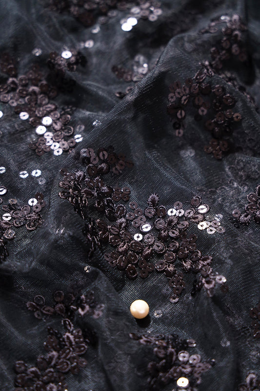AIzaSyBcstauz-XMPRhEY21AUzeo032pxrXB5Ug - Exclusive Black Thread With Sequins Abstract Embroidery Work On Black Soft Net Fabric