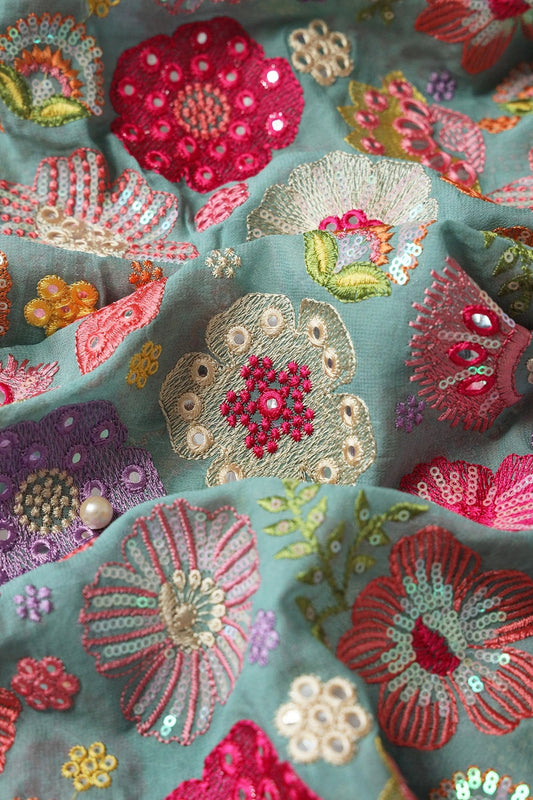 AIzaSyBcstauz-XMPRhEY21AUzeo032pxrXB5Ug - Exclusive Floral Designer Embroidery With Faux Mirror On Teal Viscose Georgette Fabric