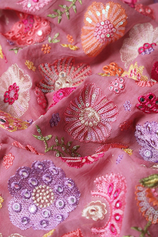 AIzaSyBcstauz-XMPRhEY21AUzeo032pxrXB5Ug - Exclusive Floral Designer Embroidery With Faux Mirror On Thulian Pink Viscose Georgette Fabric