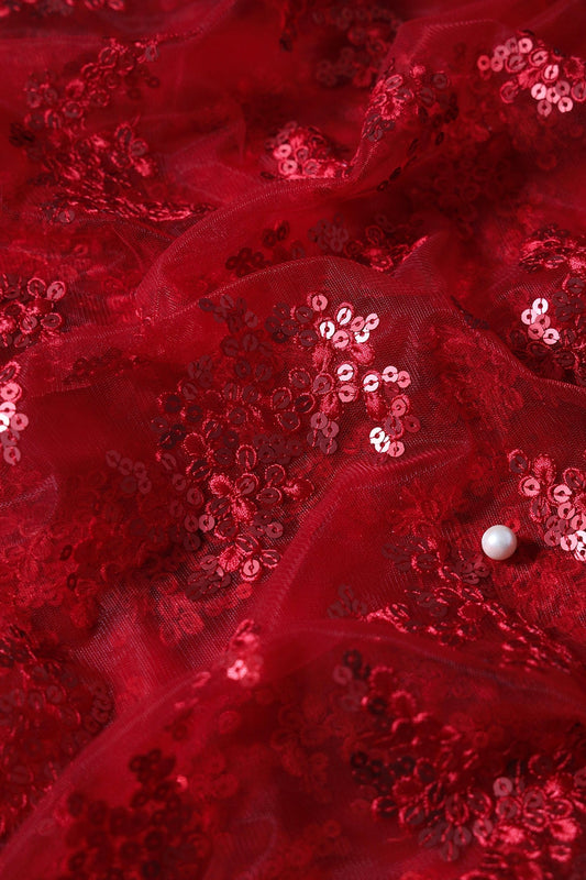 AIzaSyBcstauz-XMPRhEY21AUzeo032pxrXB5Ug - Exclusive Red Thread With Sequins Abstract Embroidery Work On Red Soft Net Fabric