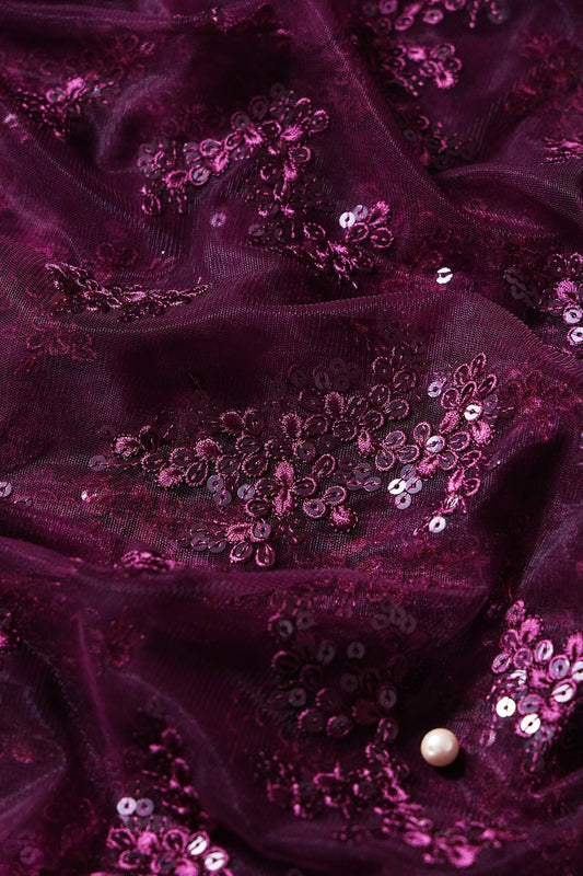 AIzaSyBcstauz-XMPRhEY21AUzeo032pxrXB5Ug - Exclusive Wine Thread With Sequins Abstract Embroidery Work On Wine Soft Net Fabric