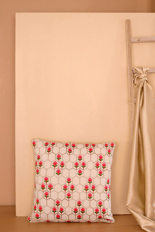 AIzaSyBcstauz-XMPRhEY21AUzeo032pxrXB5Ug - Floral Embroidery on off white cotton Cushion Cover (16*16 inches)