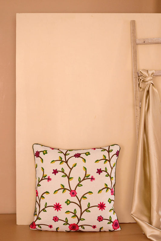 AIzaSyBcstauz-XMPRhEY21AUzeo032pxrXB5Ug - Floral Pattern Embroidery on off white cotton Cushion Cover (16*16 inches)