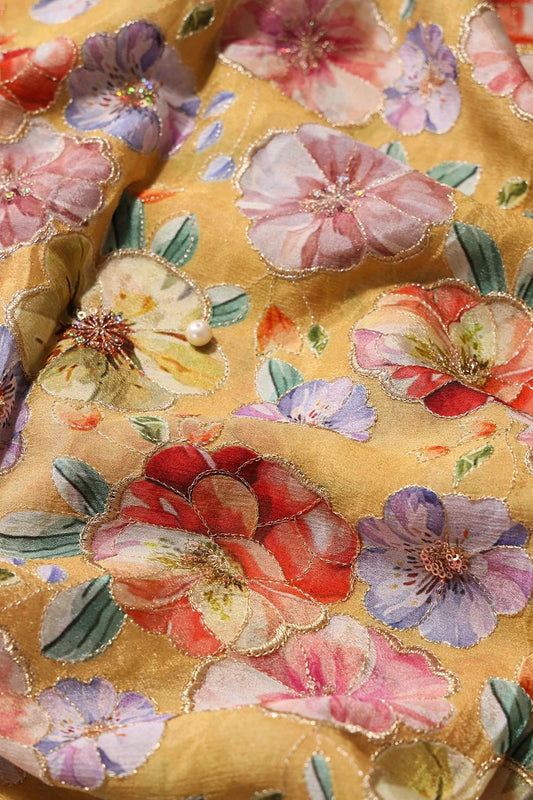 AIzaSyBcstauz-XMPRhEY21AUzeo032pxrXB5Ug - Floral Position Print On Sequins Embroidery Yellow Viscose Chinnon Chiffon Fabric