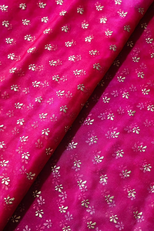 AIzaSyBcstauz-XMPRhEY21AUzeo032pxrXB5Ug - Fuchsia Tie & Dye Shibori Small Floral Motif Foil Print On Organza Fabric