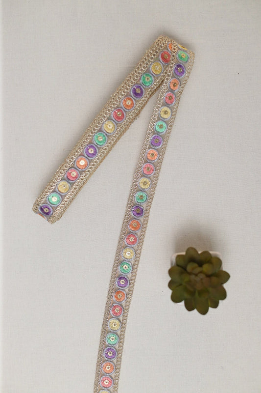 AIzaSyBcstauz-XMPRhEY21AUzeo032pxrXB5Ug - Geometric Multi Color Thread Work With Gold Sequins Embroidered Lace (9 Meters)