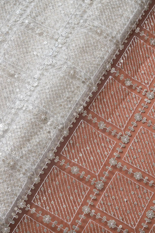 AIzaSyBcstauz-XMPRhEY21AUzeo032pxrXB5Ug - Gold And Silver Sequins Checks Embroidery On Dyeable White Soft Net Fabric