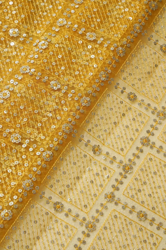 AIzaSyBcstauz-XMPRhEY21AUzeo032pxrXB5Ug - Gold And Silver Sequins Checks Embroidery On Yellow Soft Net Fabric