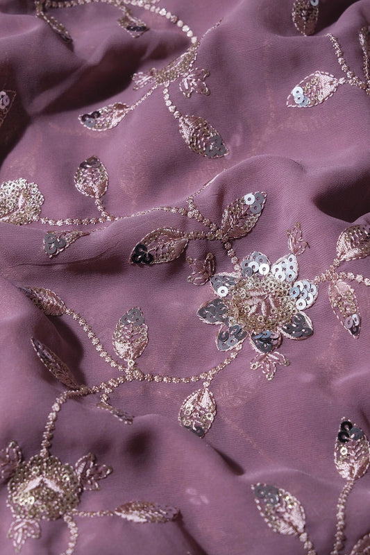 AIzaSyBcstauz-XMPRhEY21AUzeo032pxrXB5Ug - Gold And Silver Sequins Floral Embroidery Work On Lilac Purple Georgette Fabric