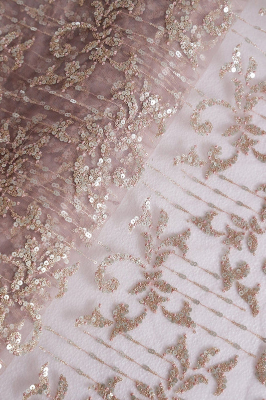 AIzaSyBcstauz-XMPRhEY21AUzeo032pxrXB5Ug - Gold And Silver Sequins With Mauve Thread Abstract Embroidery Work On Mauve Soft Net Fabric