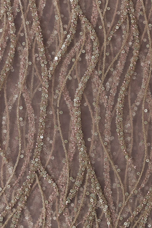 AIzaSyBcstauz-XMPRhEY21AUzeo032pxrXB5Ug - Gold And Silver Sequins With Mauve Thread Wavy Embroidery Work On Mauve Soft Net Fabric