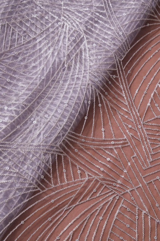 AIzaSyBcstauz-XMPRhEY21AUzeo032pxrXB5Ug - Gold Glitter Small Sequins Geometric Embroidery On Lavender Soft Net Fabric
