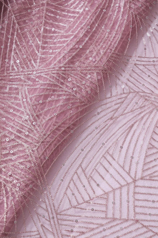 AIzaSyBcstauz-XMPRhEY21AUzeo032pxrXB5Ug - Gold Glitter Small Sequins Geometric Embroidery On Pink Soft Net Fabric