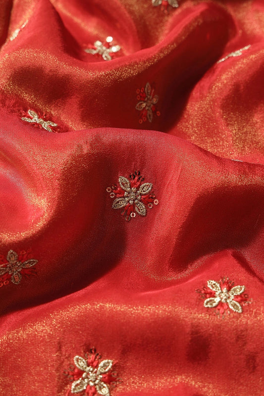 AIzaSyBcstauz-XMPRhEY21AUzeo032pxrXB5Ug - Gold Sequins And Zari Floral Booti Embroidery Work On Red Pure Viscose Zari Tissue Fabric