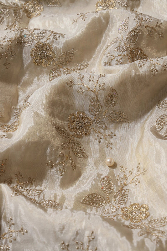 AIzaSyBcstauz-XMPRhEY21AUzeo032pxrXB5Ug - Gold Sequins And Zari Floral Embroidery Work On Dyeable Pure Viscose Zari Tissue Fabric