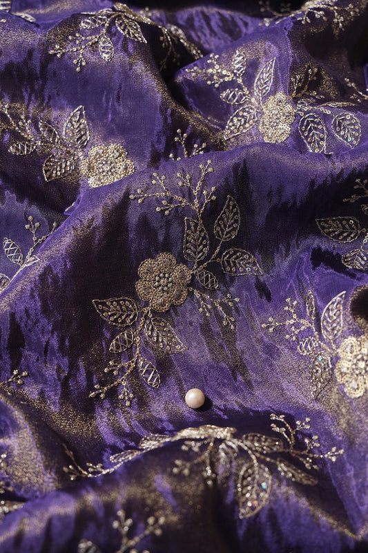AIzaSyBcstauz-XMPRhEY21AUzeo032pxrXB5Ug - Gold Sequins And Zari Floral Embroidery Work On Purple Pure Viscose Zari Tissue Fabric
