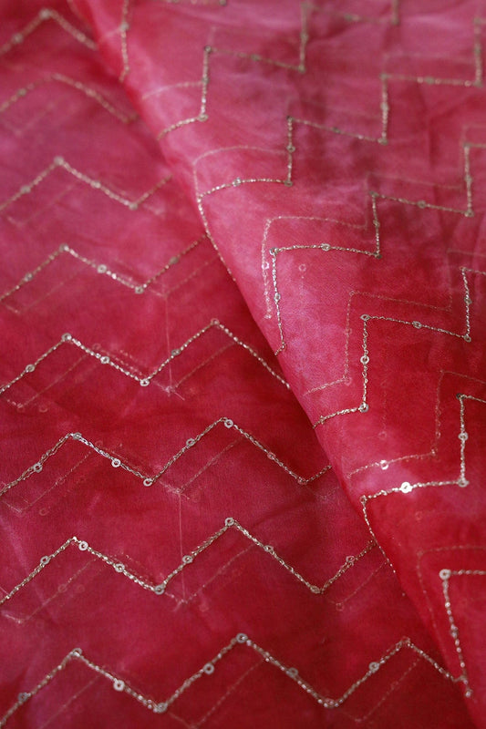 AIzaSyBcstauz-XMPRhEY21AUzeo032pxrXB5Ug - Gold Sequins Chevron Embroidery Work On Tie & Dye Red Organza Fabric