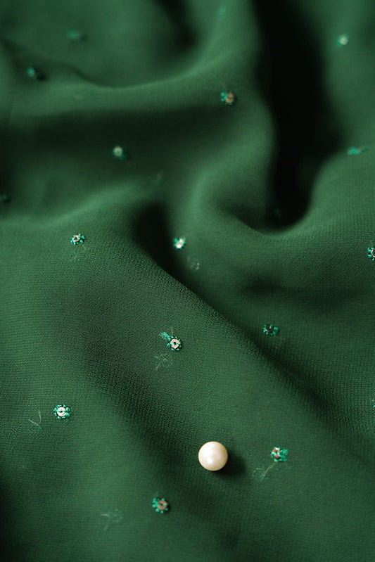 AIzaSyBcstauz-XMPRhEY21AUzeo032pxrXB5Ug - Gold Sequins Small Motif Embroidery Work On Bottle Green Georgette Fabric
