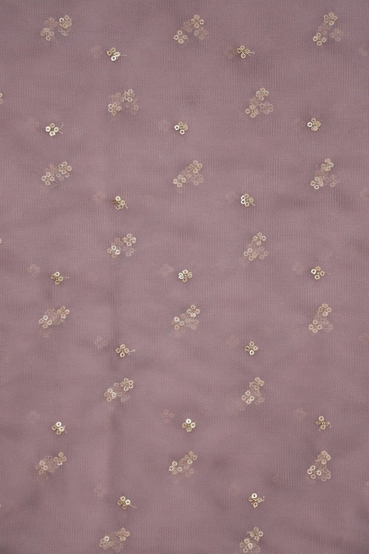 AIzaSyBcstauz-XMPRhEY21AUzeo032pxrXB5Ug - Gold Sequins Small Motif Embroidery Work On Mauve Soft Net Fabric