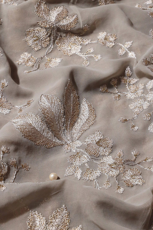 AIzaSyBcstauz-XMPRhEY21AUzeo032pxrXB5Ug - Gold Sequins With Cream Thread Floral Embroidery Work On Grey Georgette Fabric