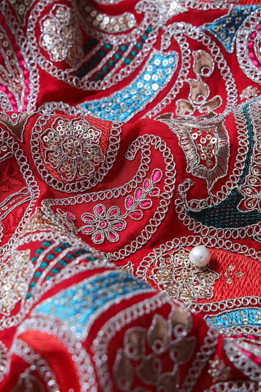 AIzaSyBcstauz-XMPRhEY21AUzeo032pxrXB5Ug - Gold Sequins With Gold Zari Beautiful Paisley Embroidery On Red Viscose Georgette Fabric