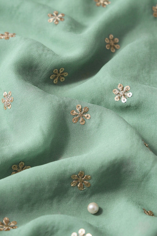 AIzaSyBcstauz-XMPRhEY21AUzeo032pxrXB5Ug - Gold Sequins With Gold Zari Beautiful Small Motif Embroidery On Olive Viscose Georgette Fabric