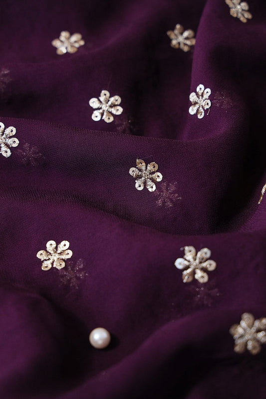 AIzaSyBcstauz-XMPRhEY21AUzeo032pxrXB5Ug - Gold Sequins With Gold Zari Beautiful Small Motif Embroidery On Wine Viscose Georgette Fabric