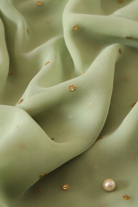 AIzaSyBcstauz-XMPRhEY21AUzeo032pxrXB5Ug - Gold Sequins With Gold Zari Small Motif Embroidery Work On Olive Georgette Fabric