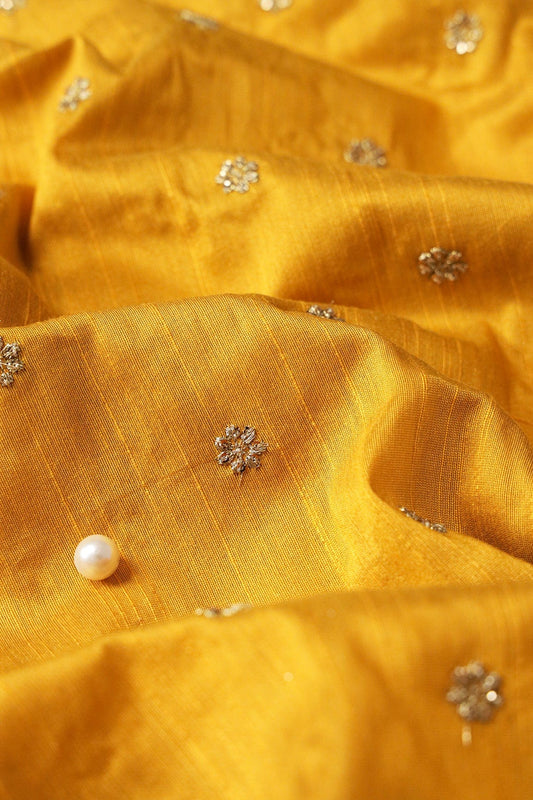 AIzaSyBcstauz-XMPRhEY21AUzeo032pxrXB5Ug - Gold Sequins With Gold Zari Small Motif Embroidery Work On Yellow Raw Silk Fabric