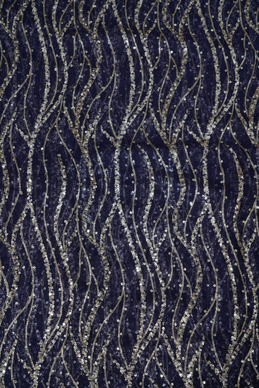 AIzaSyBcstauz-XMPRhEY21AUzeo032pxrXB5Ug - Gold Sequins With Navy Blue Thread Embroidery On Navy Blue Soft Net