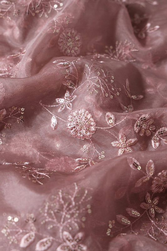 AIzaSyBcstauz-XMPRhEY21AUzeo032pxrXB5Ug - Gold Sequins With Thread Floral Embroidery On Mauve Organza Fabric