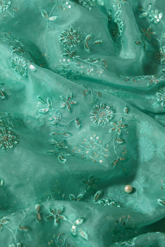 AIzaSyBcstauz-XMPRhEY21AUzeo032pxrXB5Ug - Gold Sequins With Thread Floral Embroidery On Teal Organza Fabric