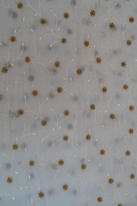 AIzaSyBcstauz-XMPRhEY21AUzeo032pxrXB5Ug - Gold Sequins With White And Gold Thread Floral Embroidery On Dyeable Natural Crape